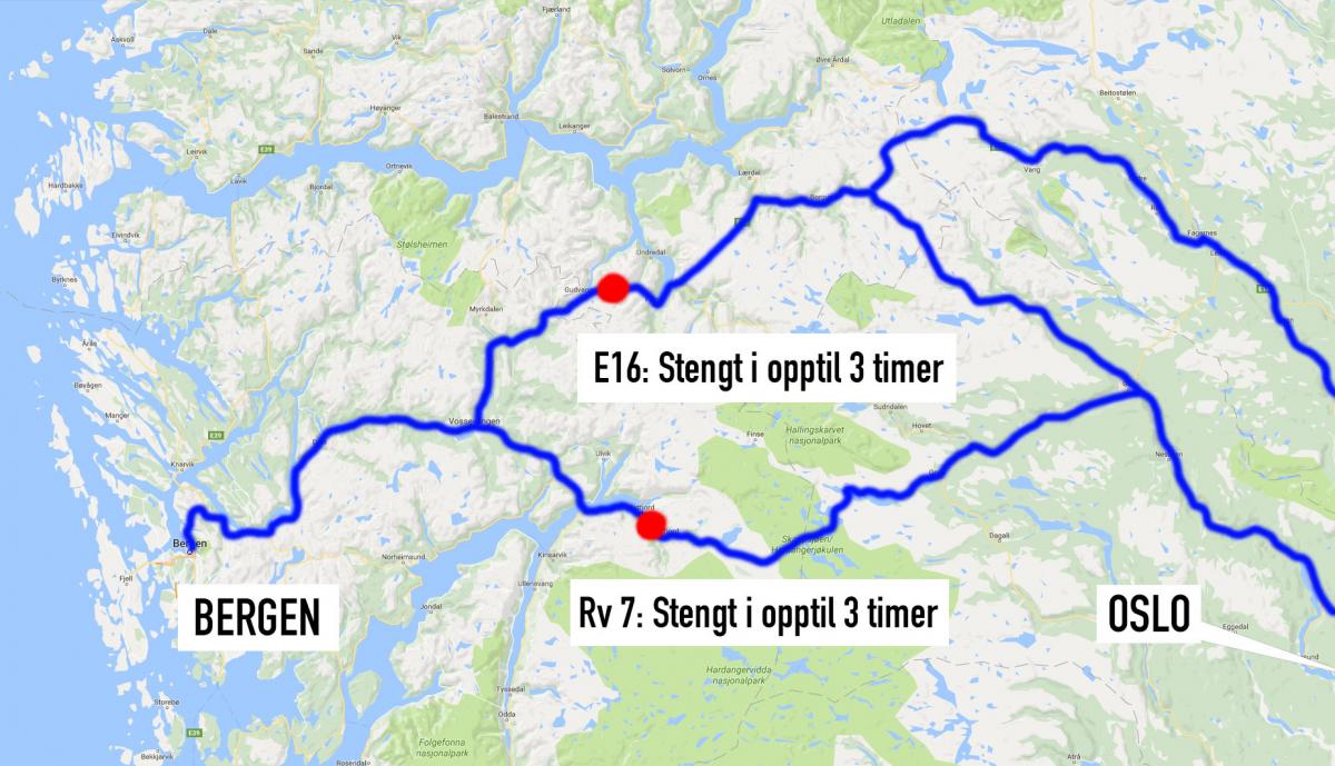 Både E16 og Rv 7 nattestenges