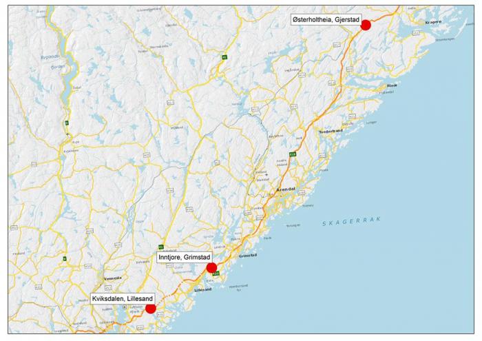 De tre bompasseringene koster til sammen 120 kroner for kjøretøy over 3500 kilo. Grunntakstene forblir uendret, men siden rabattordningen nå fjernes, økes altså kostnadene fra 60 kroner til det dobbelte fra og med 1. februar. Foto: Google Maps