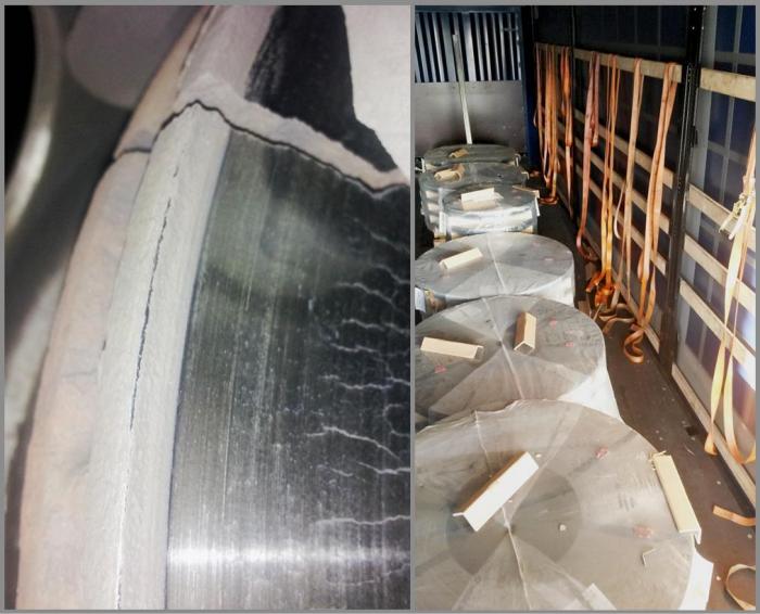 Sprekk i bremseskive og usikret last. Foto: Statens vegvesen