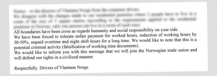 Her er det opprinnelige brevet fra Vlantana Norges sjåfører til ledelsen, sendt 17.04.2018. Teksten er oversatt fra litauisk til engelsk.