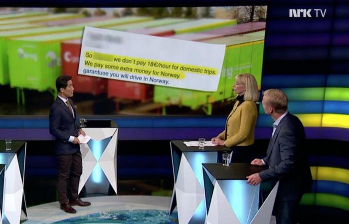 Her konfronteres kommunikasjonsdirektør Elisabeth Norge i Posten Norge med innrømmelser fra Bring Truckings egen administrasjon om at de slett ikke betaler norsk minstelønn under kjøring internt i Norge. Foto: Skjermdump, NRK