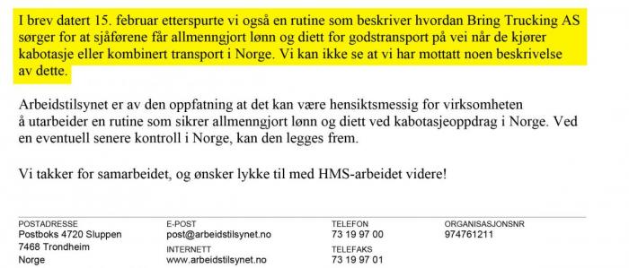 I et påfølgende brev datert 09.05.2016 lukkes tilsynet, selv om rutinebeskrivelsen og flere andre pålagte punkter ikke er oppfylt. Faksimile: Arbeidstilsynet. Uthevet av Lastebil.no.