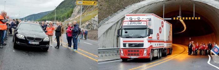 FØRST: Anders Frydenlund var den første personbilisten som fikk kjøre den nye veien. Morten Listou den første med stor bil.