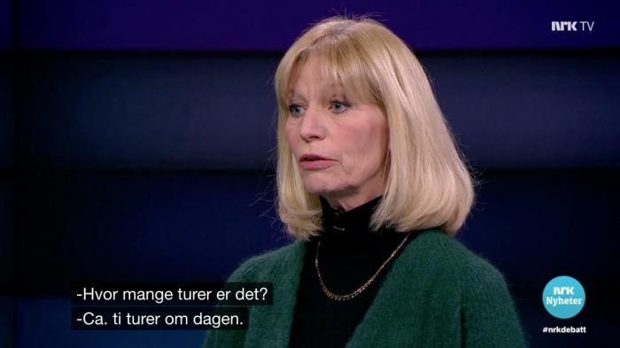 Etter påtrykk fra Fredrik Solvang under NRKs Debatten oppga Postens kommunikasjonsdirektør Elisabeth Gjølme at Bring Trucking kjører omtrent ti kabotasjeoppdrag daglig i Norge. Senere fikk NLF-Magasinet bekreftet at det årlige antallet er rundt 3000. Kombinerte transporter, som også er underlagt minstelønn, kommer i tillegg. Foto: Skjermdump, NRK