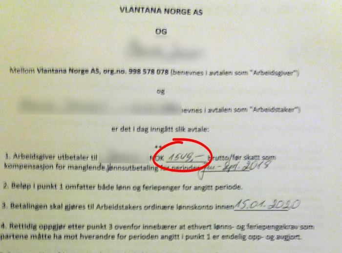 Her foreslår Vlantana Norge at sjåføren skal få tilbakebetalt kun 1 549 kroner etter systematisk underbetaling over en periode på ni måneder. Det utgjør 172 kroner i måneden. Avtalene er kun utformet på norsk. Foto: Tipser