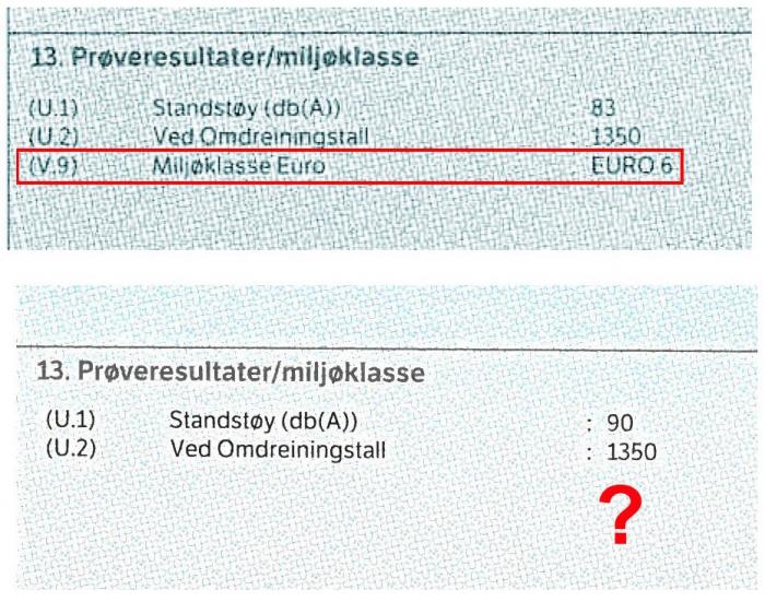Det øverste eksempelet er fra en lastebil registrert før 29. april 2019, og viser hvordan Euroklasse skal spesifiseres i vognkortet. Eksempelet under er hentet fra en lastebil registrert 22. mai 2019. Her har miljøopplysningene forsvunnet. Foto: Hagens Transport AS