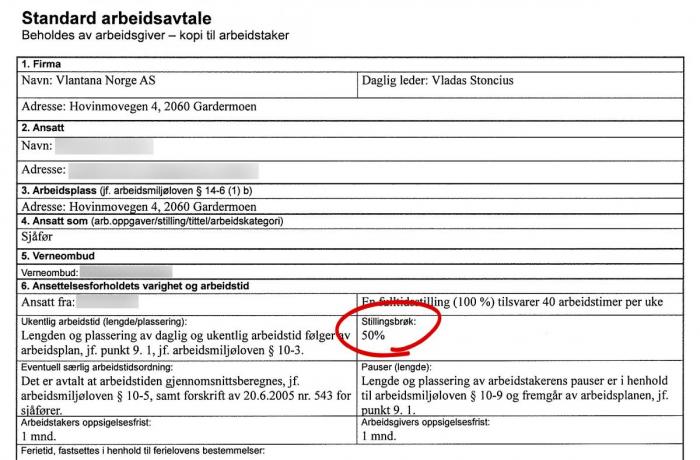 Alle sjåførene i Vlantana Norge signerte kontrakter hvor det oppgis 50 prosents stillingsbrøk. De mener selv de var ansatt på fulltid. Foto: Stein Inge Stølen