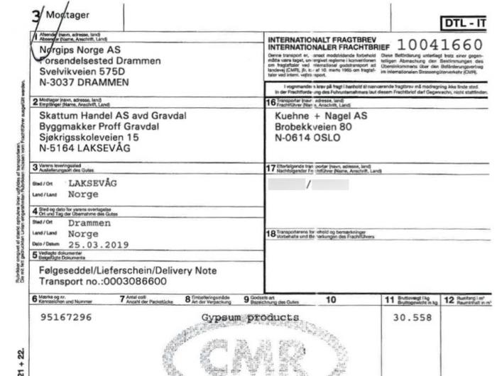 Her er fraktbrevet fra det aktuelle tilsynet, hvor Dinotrans fraktet gips for Norgips på vegne av Kuehne+Nagel AS. Legg merke til at Dinotrans ikke er nevnt med et ord på fraktbrevet - kun skiltnummer på trekkvogn og tralle (som Lastebil.no har sladdet). Foto: Arbeidstilsynet