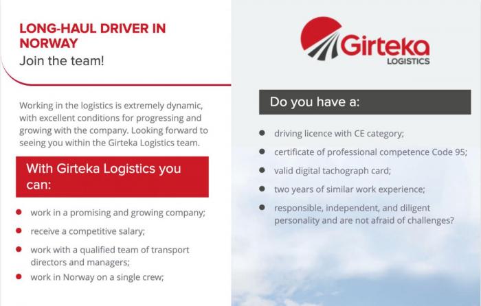 Girteka er stadig på jakt etter nye sjåfører for kjøring spesifikt i Norge. Foto: Skjermdump, Girteka.eu