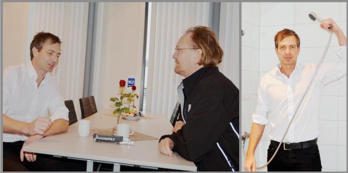 RESERVERTE BORD: Geir Figenschau (t.v.) tok med glede imot NLF-flagget Reidar Retterholt hadde med. Nå står det på «trailerbordet». På bildet til høyre demonstrerer verten dusjanlegget. Foto: Stig Odenrud