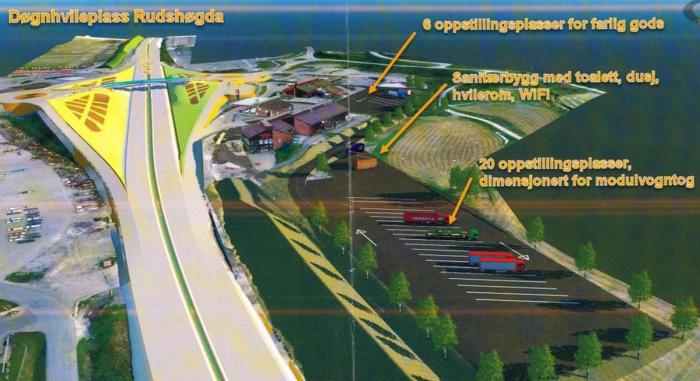 Foreløpig idéskisse av den nye døgnhvileplassen med tjue plasser, sanitærbygg og oppstillingsplassen i bakkant.