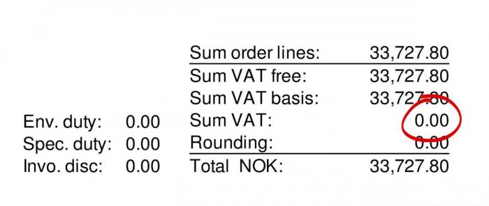Ett av mange eksempler på fakturaer fra Fjellinjen etter ferjeoverfarter, hvor MVA er oppgitt til 0. Denne skal egentlig være 12%. Foto: HJ Transport
