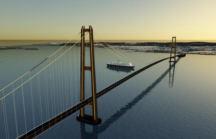 BRU: Mulig hengebru mellom Jeløya og Horten,sett mot Horten med ilandføring via kunstige øyer. Illustrasjon: Sweco