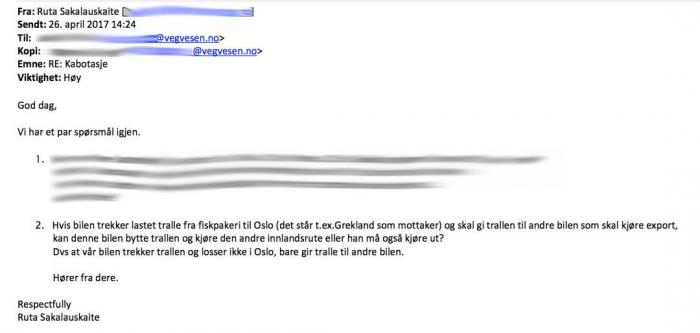 Dette er ett av mange spørsmål stilt av Vlantanas logistikkdirektør til Vegdirektoratet for over et år siden. Scenarioet som beskrives er omtrent identisk med det som er anmeldt. Kilde: Offentlig postjournal