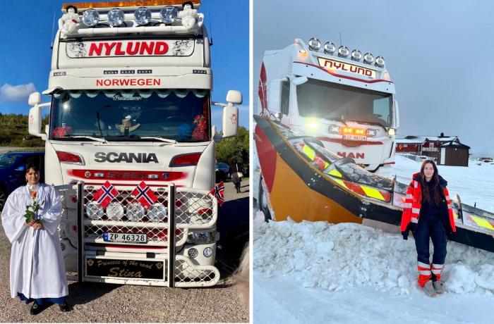 HAR ALLTID ØNSKET Å KJØRE BRØYTEBIL: Bildet til venstre viser Stina på konfirmasjonsdagen, og det etterlater ingen tvil om hva som var hennes fokus. På bildet til høyre, tre år etter,  har hun endelig fått tungbilsertifikat og kjører nå brøytebil for Nylund & Sønner. Foto: Privat 