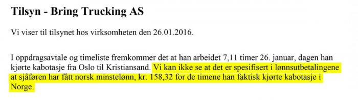Ved flere anledninger har Arbeidstilsynet funnet brudd på reglene knyttet til minstelønn ved kabotasje. Likevel har tilsynene blitt lukket uten videre reaksjoner. Faksimile: Arbeidstilsynet. Uthevet av Lastebil.no.