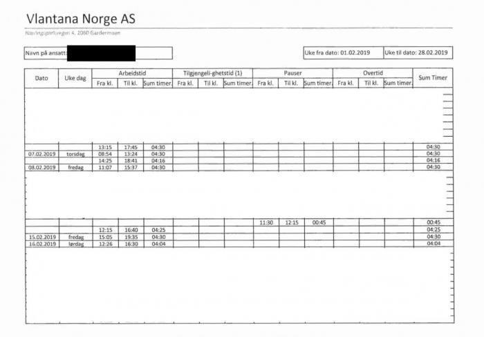 Timeliste fra Vlantana Norge, sladdet på lik måte som timelisten fra Vlantana UAB.