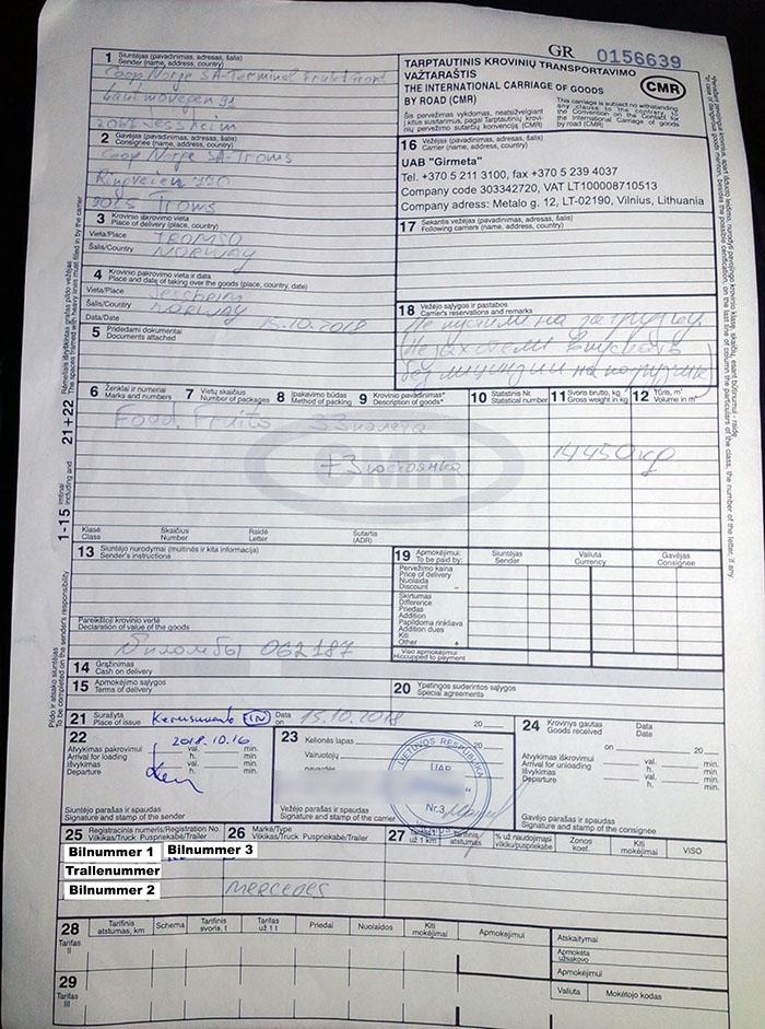 I eksempelet ser man at hele tre forskjellige trekkvogner har vært involvert i transport av den samme trallen fra Coops sentrallager på Jessheim til Coop i Troms. Her har sannsynligvis trekkvognbyttene foregått i Sverige og/eller Finland. Da fremstår fraktbrevene til de øvrige to bilene som internasjonale, og ikke som et ledd i en kabotasjetur, som det faktisk er. Slik kan Girteka lure seg unna å betale allmenngjort lønn dersom Arbeidstilsynet skulle føre kontroll med transporten. Foto/illustrasjon: Statens vegvesen