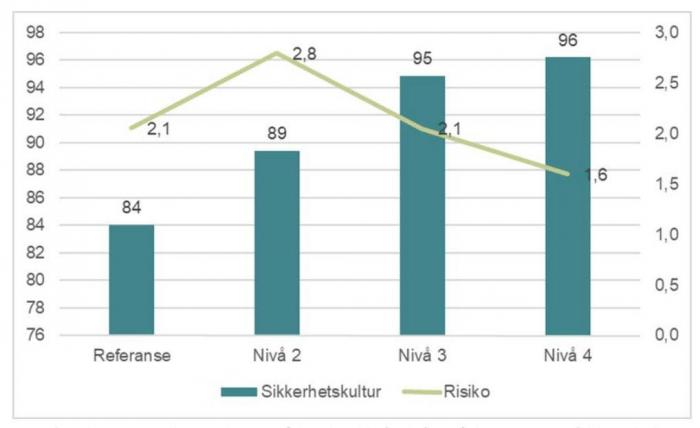 Figuren viser antall skader per 1 million kilometer. Bedrifter på det høyeste trinnet opplever bare halvparten så mange skader som bedrifter i nivå to. Faksimile: TØI